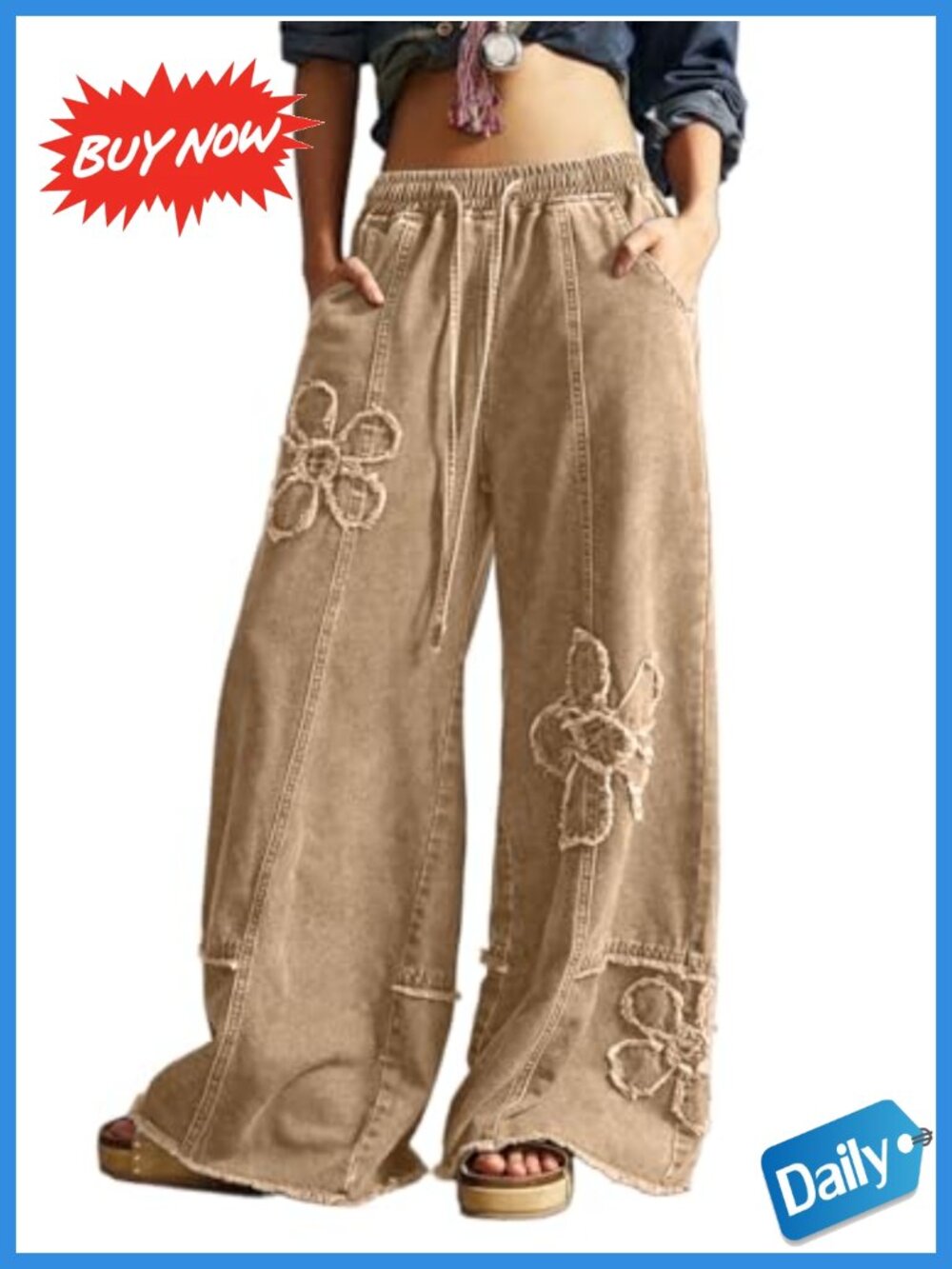 Baggy Wide Leg Jeans High Waist Drawstring Distressed Floral Denim Pants